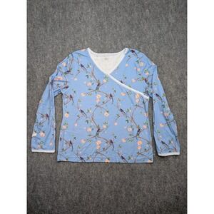 Garnet Hill Shirt Womens Large Blue Bird Floral Print Organic Cotton Long Sleeve